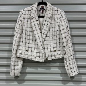Tommy Hilfiger White Tweed Plaid Cropped Blazer with Black Grid
